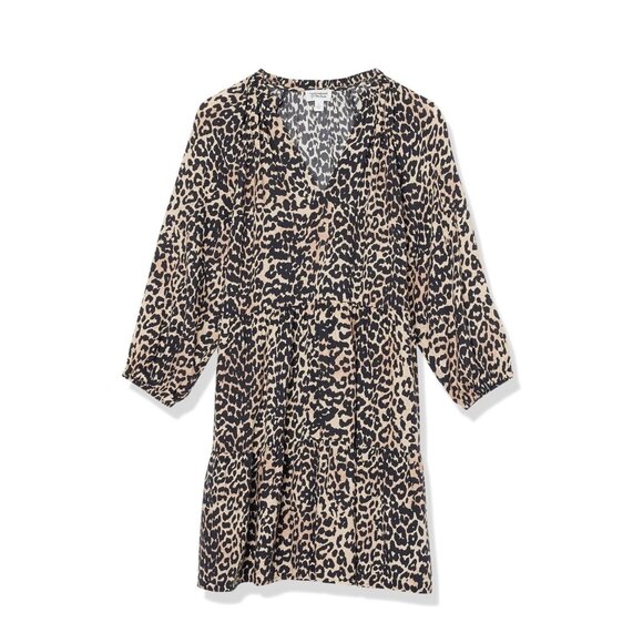 V-Neck Leopard Print Dress With 3/4 Sleeves & Tiered Hem - Picture 4 of 4